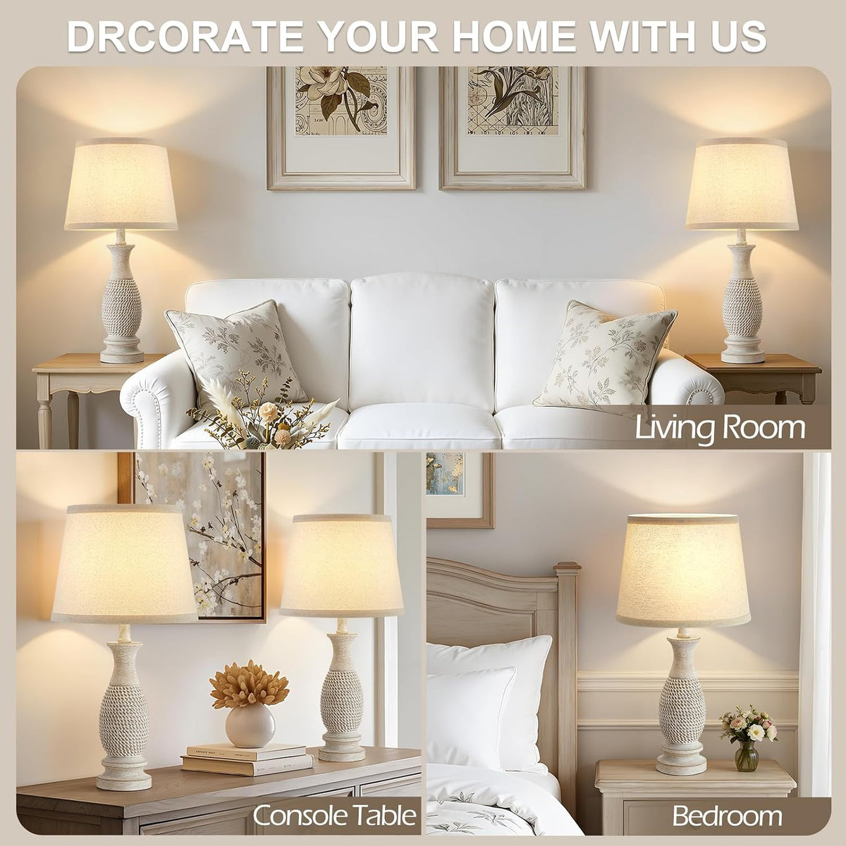 21.6" Table Lamps Set of 2, Resin Farmhouse Bedside Lamps for Bedroom Cream