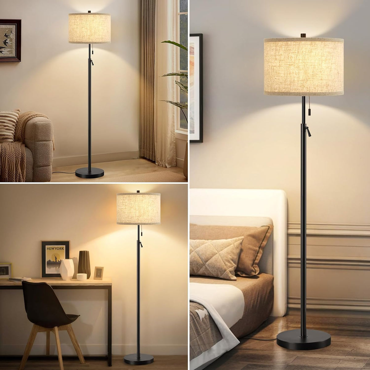 GyroVu Black Floor Lamp, Height Adjustable Standing Lamp Tall Lamp with Fabric Lampshade&Pull Chain Corner Floor Lamps for Living Room, Bedroom & Office Bulbs Not Included(Black Base)
