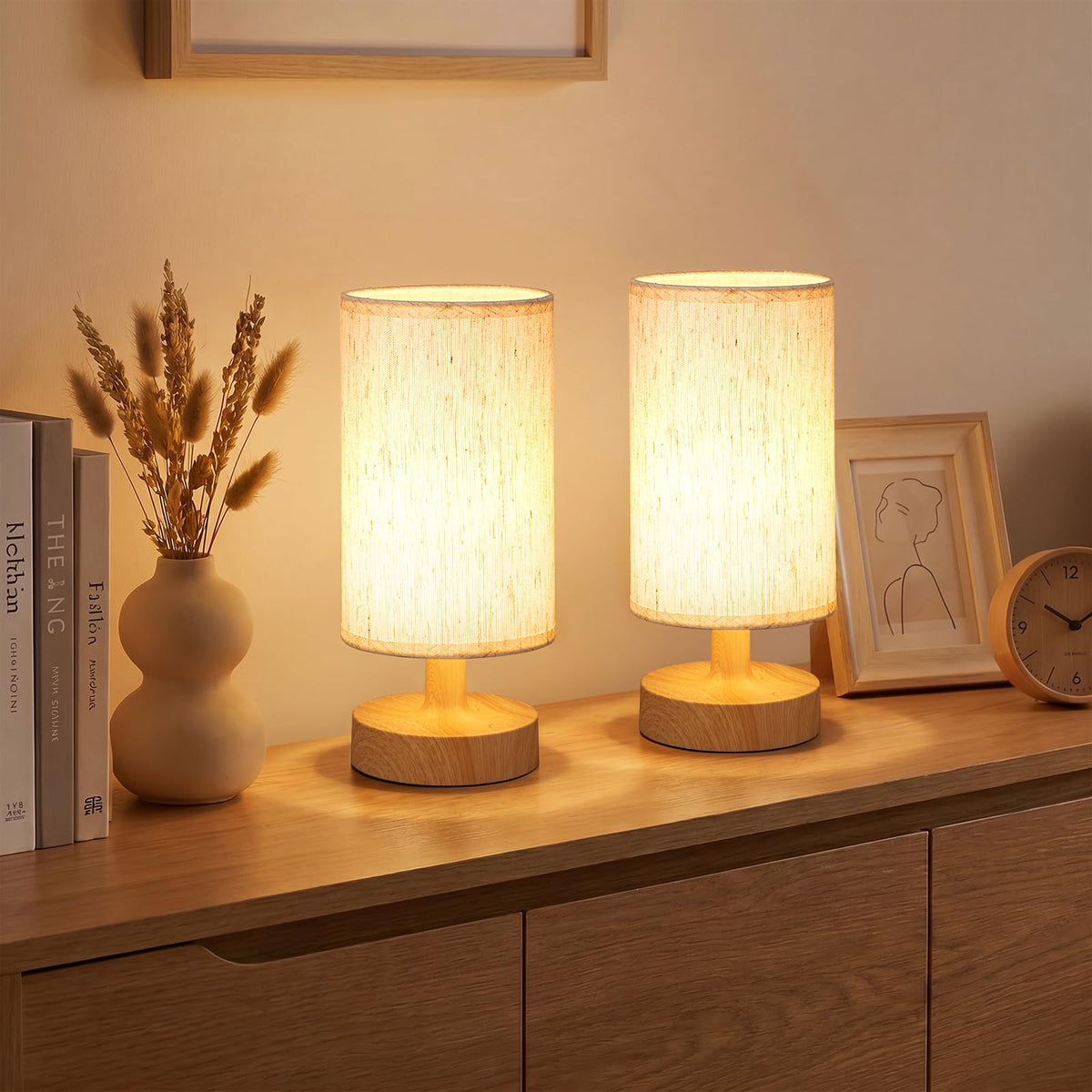 Kakanuo Cordless Table Lamp Rechargeable Small - 2 Pack Beige Wood, 4000mAh Battery Operated Lamp with Touch Control Stepless Dimming, Wireless Lamp for Bedside, Nightstand, Bedroom, Living Room