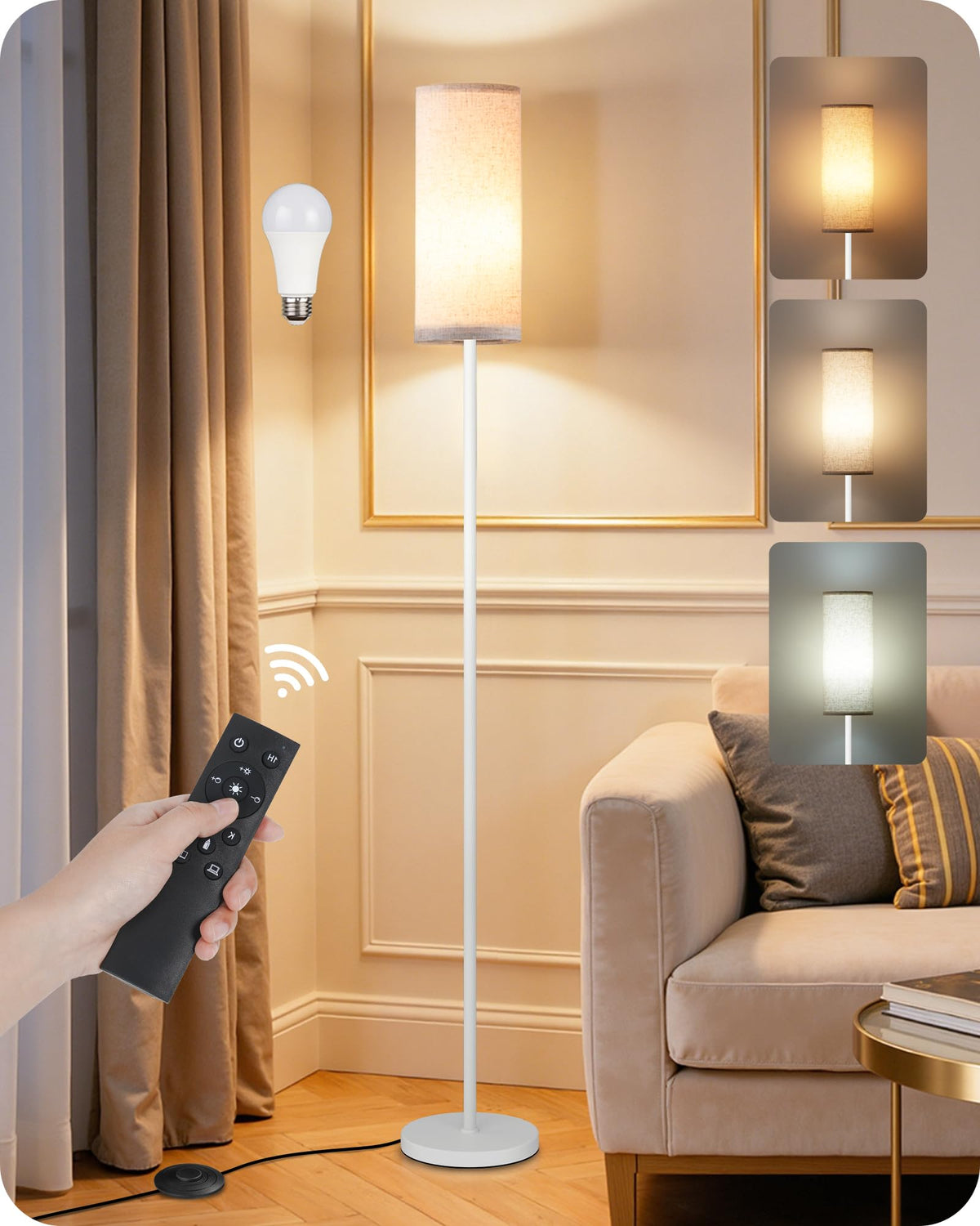 64.4” Slim Floor Lamp for Living Room with Magnetic Remote and Foot Switch, Dimmable Standing Tall Lamp Mood for Bedroom Nursery, 3 Color Temperatures, 1-Hour Timer,900LM Bulb Included,Beige E06LD05W1