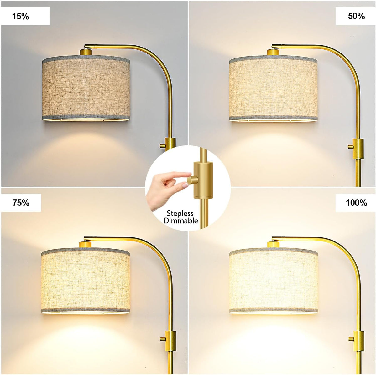 Nintiue Upgraded Modern Arc Dimmable Tall Standing Floor Lamp with Linen Shade, 1200 Lumens LED Bulb Included, for Living & Reading Room, Bedroom, Office & Nursery, Gold