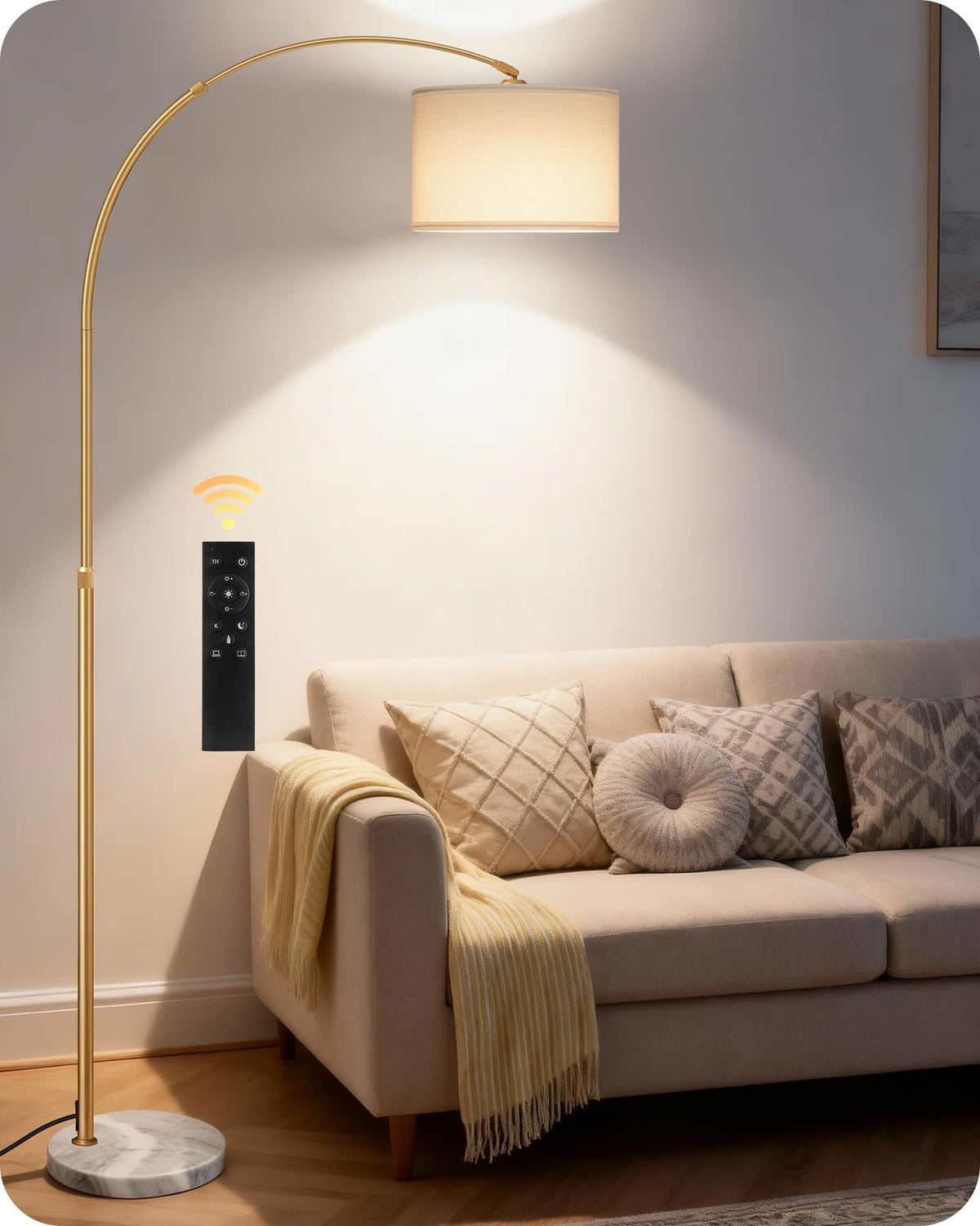 75" Dimmable Gold Arc Floor Lamp with Marble Base, Adjustable Height, Beige