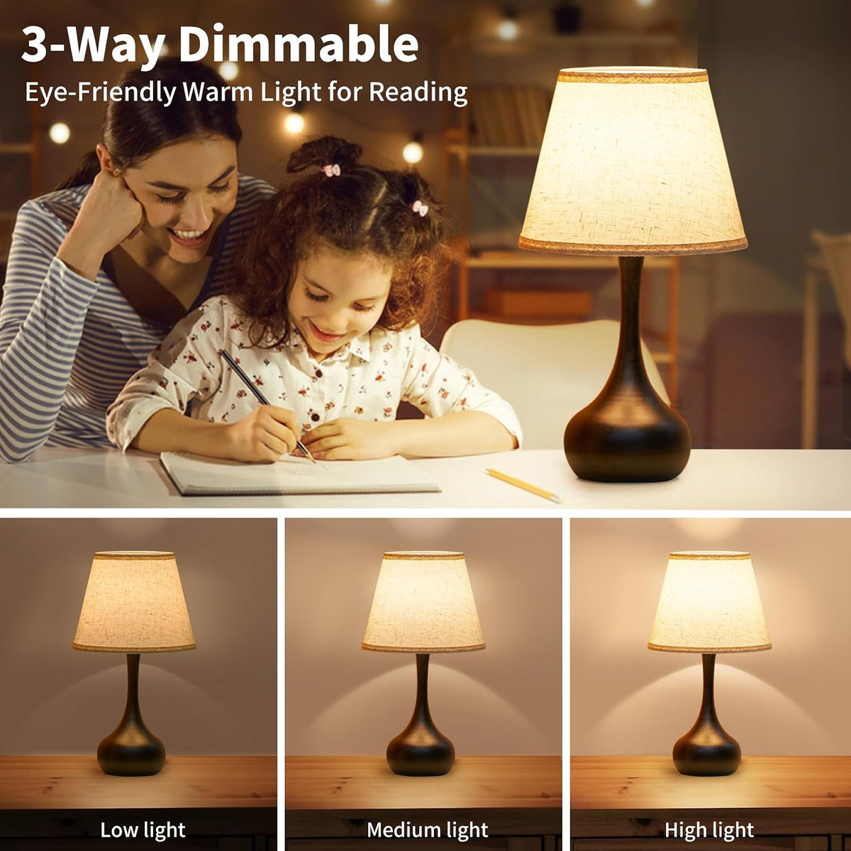 ONEWISH Touch Bedside Lamp, Farmhouse 3-Way Dimmable Table Lamps for Nightstand with Fabric Shade, 17.32'' Desk Lamp for Reading, Bedroom, Livingroom, Office, Corded
