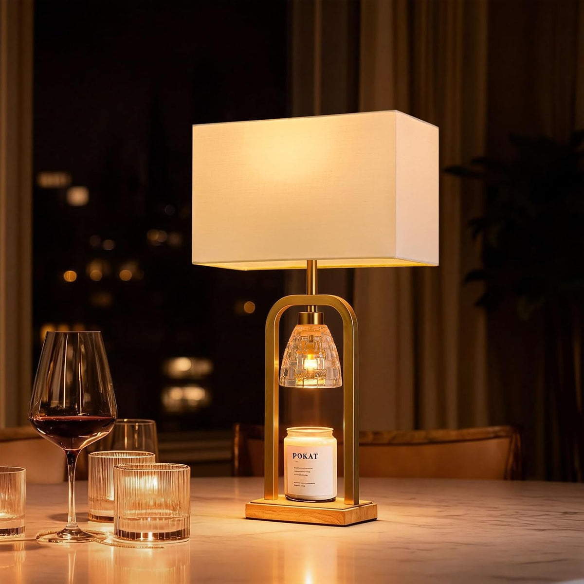 PoKat 2 in 1 Gold Table Lamp with Candle Warmer, Timer & Dimmer, Modern