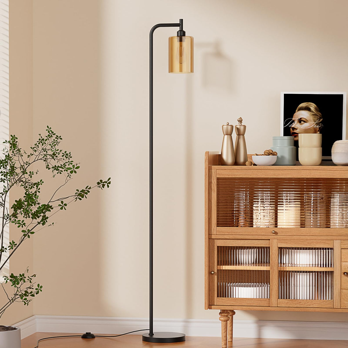 Ziisee Industrial Floor Lamp with Glass Shade - Black, LED Bulbs, Foot Pedal Switch, Easy Assembly