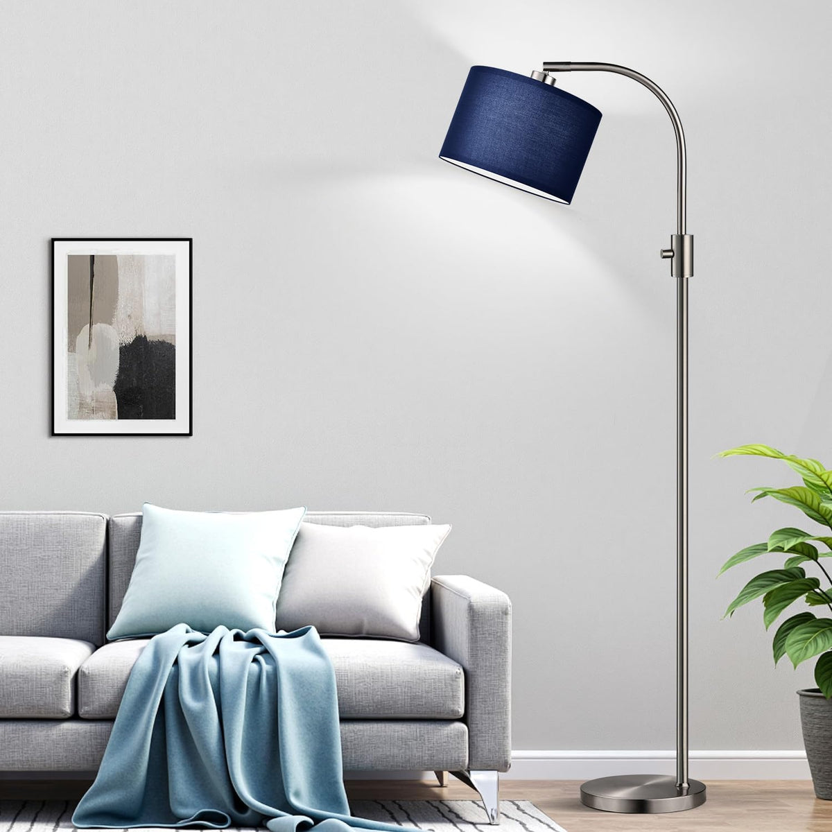 Nintiue Upgraded Modern Arc Dimmable Tall Standing Floor Lamp with Linen Shade, 1200 Lumens LED Bulb Included, for Living & Reading Room, Bedroom, Office & Nursery, Brushed Nickel
