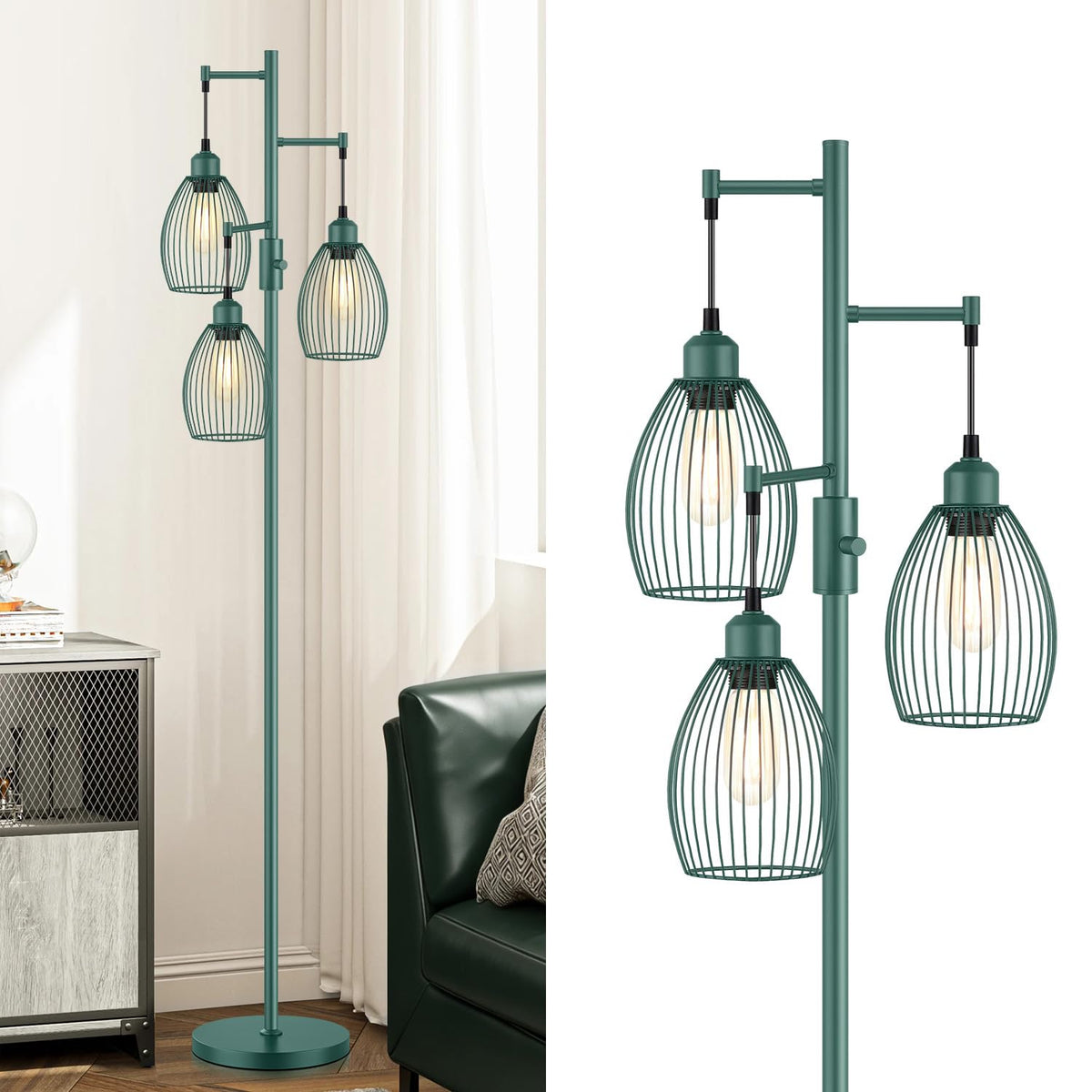 Dimmable Floor Lamp, Industrial Floor Lamps for Living Room, Gold Tree Lamp Standing Lamp Tall Lamps with 3 Elegant Teardrop Cage Head & 800 Lumens LED Bulbs for Living room Bedroom Office Dining Room