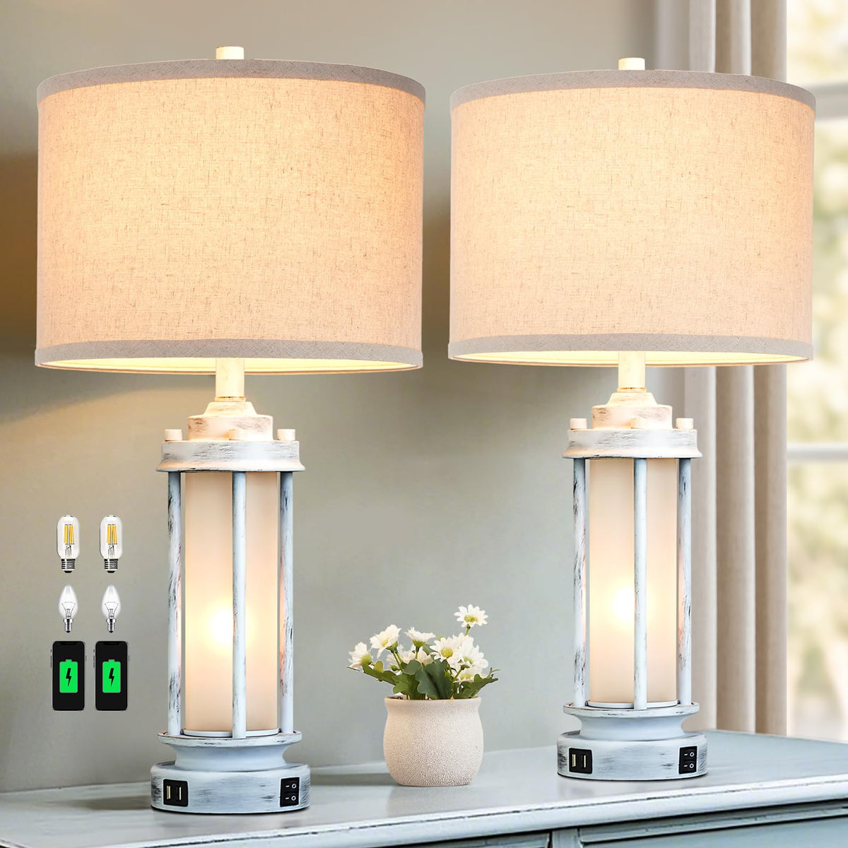 AIEAMPDO Set of 2 Farmhouse Table Lamps for Living Room with USB C+A Ports