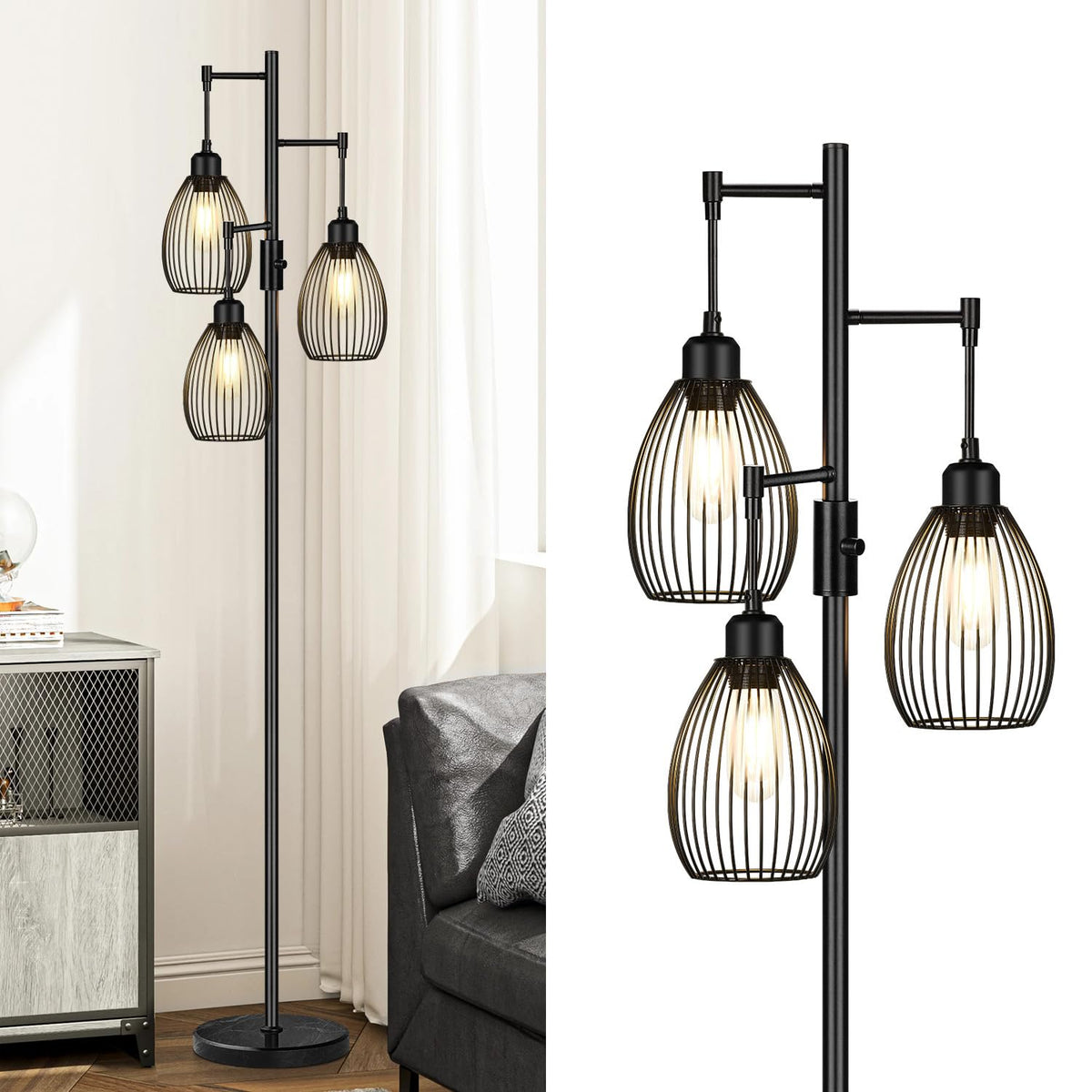 Dimmable Floor Lamp, Industrial Floor Lamps for Living Room, Gold Tree Lamp Standing Lamp Tall Lamps with 3 Elegant Teardrop Cage Head & 800 Lumens LED Bulbs for Living room Bedroom Office Dining Room