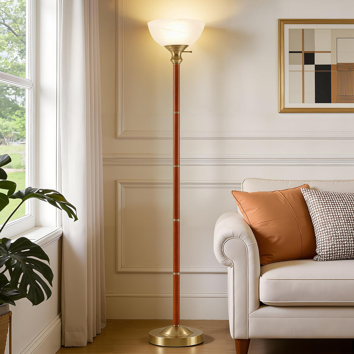 EJIAXIN 72" Wood Torchiere Floor Lamp with Glass Shade Walnut Standing Lamp