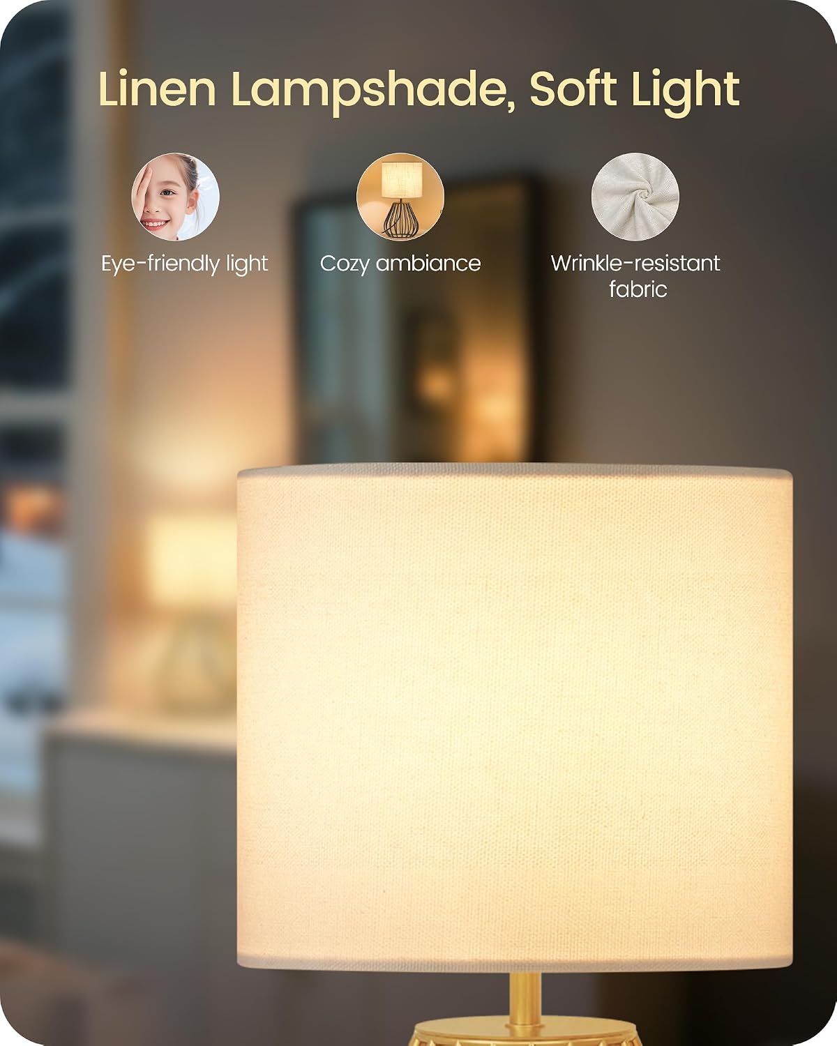 Gold Table Lamp, 12.6 Inch Small Bedside Lamp with 2700K LED Bulb