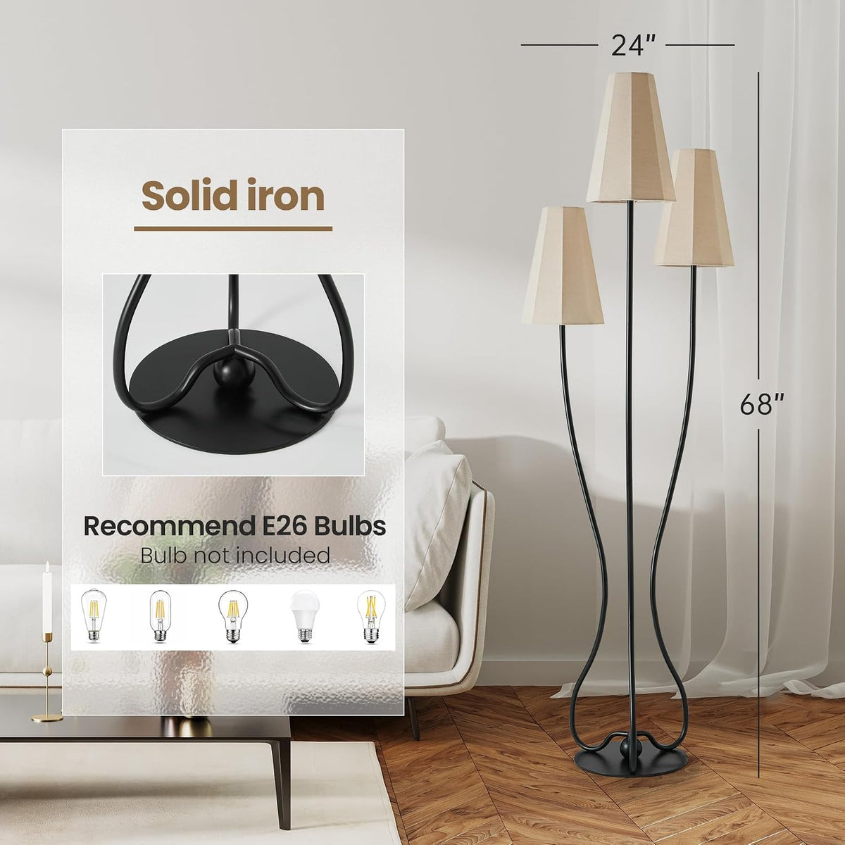 ZenGlimmer Artistic Vintage Floor Lamp, 3-Light Standing Lamps with Sculptural Curved Iron Base & Octagonal Linen Shades, Statement Lighting for Living Room, Bedroom, Studio