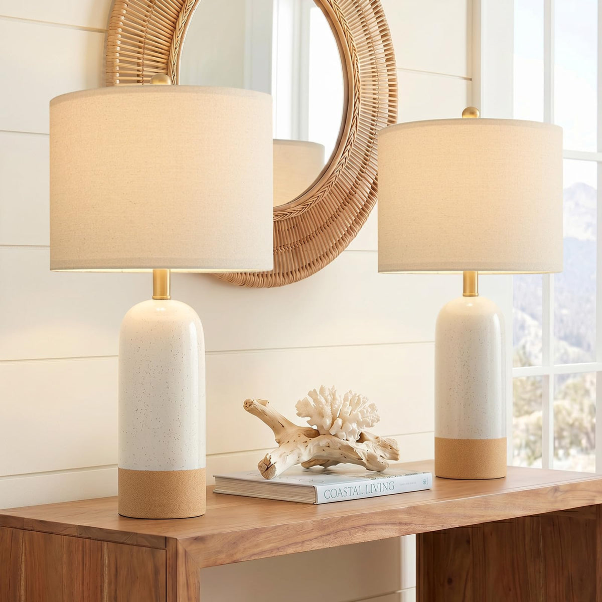 PoKat 24'' Hand-Textured Green Table Lamps, Farmhouse Bedside Lamp Set of 2