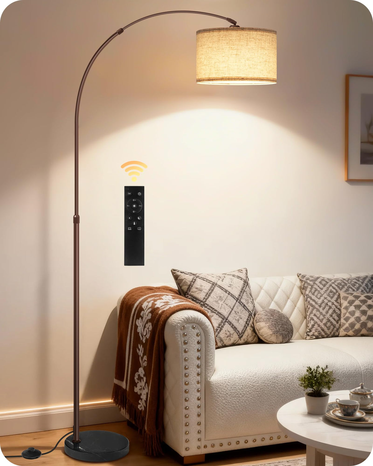 75" Dimmable Gold Arc Floor Lamp with Marble Base, Adjustable Height, Beige