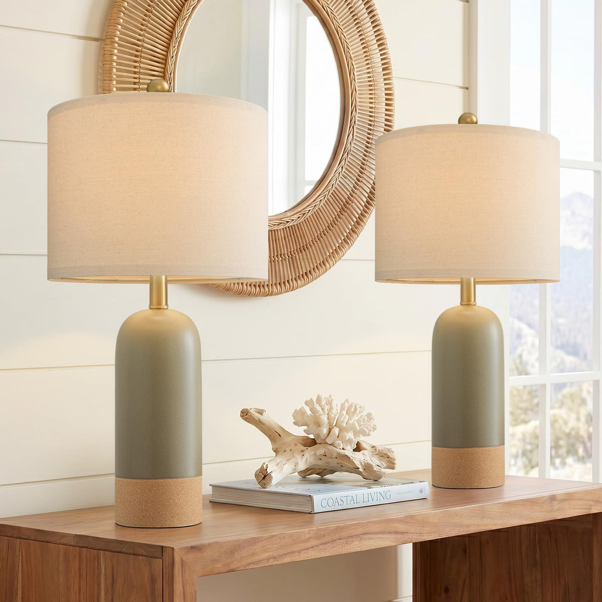 PoKat 24'' Hand-Textured Green Table Lamps, Farmhouse Bedside Lamp Set of 2
