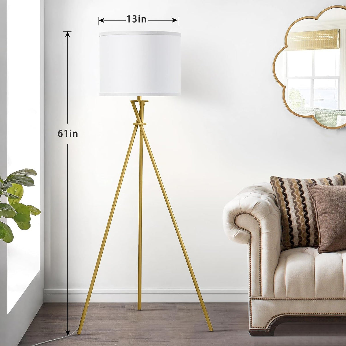 Gold Tripod Floor Lamp, 61” Floor Lamps for Living Room with Rotary Switch