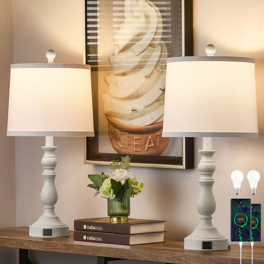 23'' Table Lamps Set of 2, Lamps for Bedroom, USB C+A Ports, Beige