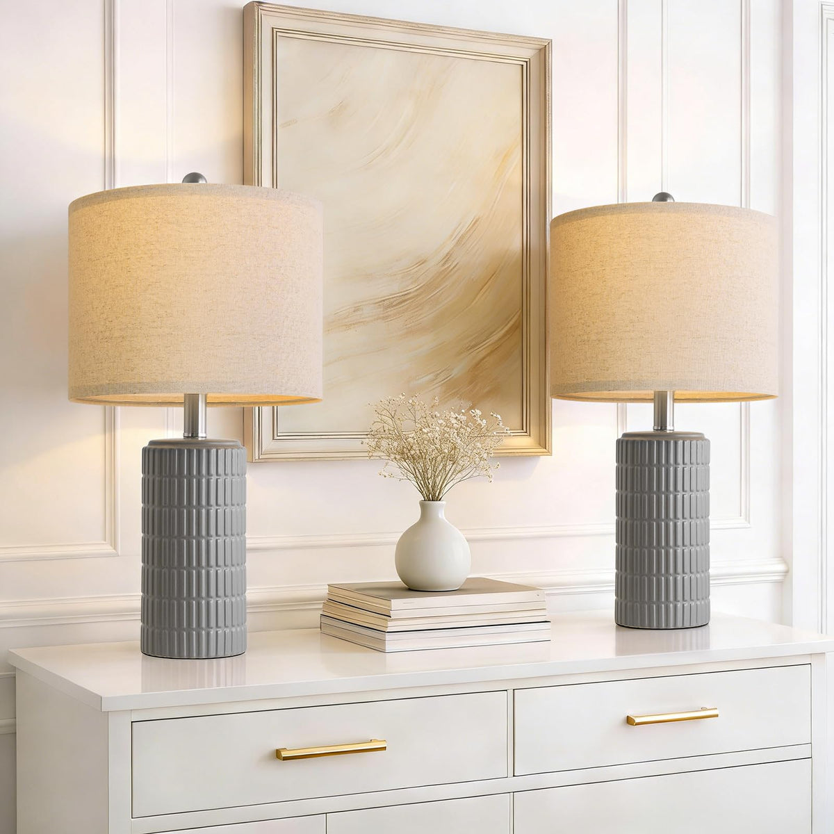 PoKat 20.75" Small Modern Ceramic Table Lamps Set of 2 for Bedroom, White