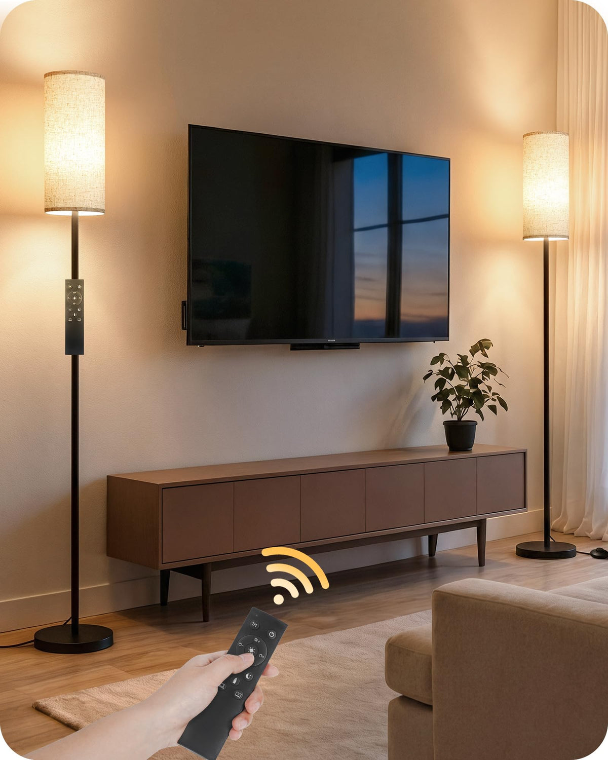 64.4” Slim Floor Lamp for Living Room with Magnetic Remote and Foot Switch, Dimmable Standing Tall Lamp Mood for Bedroom Nursery, 3 Color Temperatures, 1-Hour Timer,900LM Bulb Included,Beige E06LD05W1