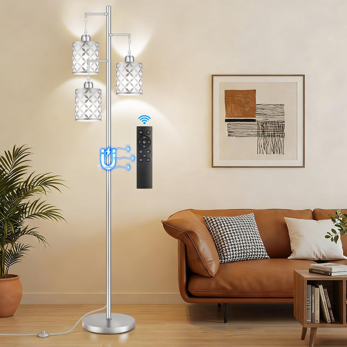 68" Industrial Tree Floor Lamp, Dimmable Farmhouse Tall Standing Lamp with Quatrefoil Cutout Shades & Rotary Dimmer Knob, Corner Light for Living Room Bedroom, 3 x800LM Bulbs Included-Black