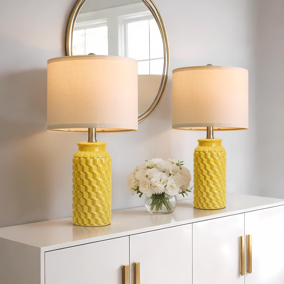 USumkky 20.5" White Modern Ceramic Bedside Lamps Set of 2, Small Table Lamp for Bedroom Decor Farmhouse Nightstand Lamp for Living Room Office