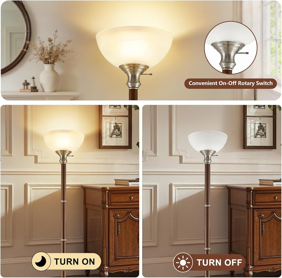 EJIAXIN 72" Wood Torchiere Floor Lamp with Glass Shade Walnut Standing Lamp