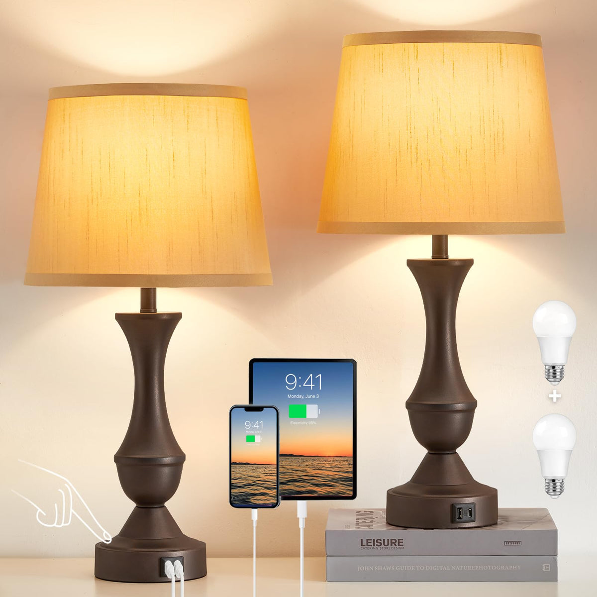 Luvkczc Upgraded Touch Table Lamps Set of 2, 22" Tall Bedside Lamps