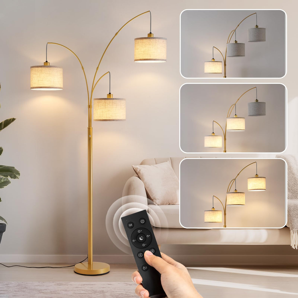 3 Light Arc Floor Lamp with Remote, Beige Shade Black Pole
