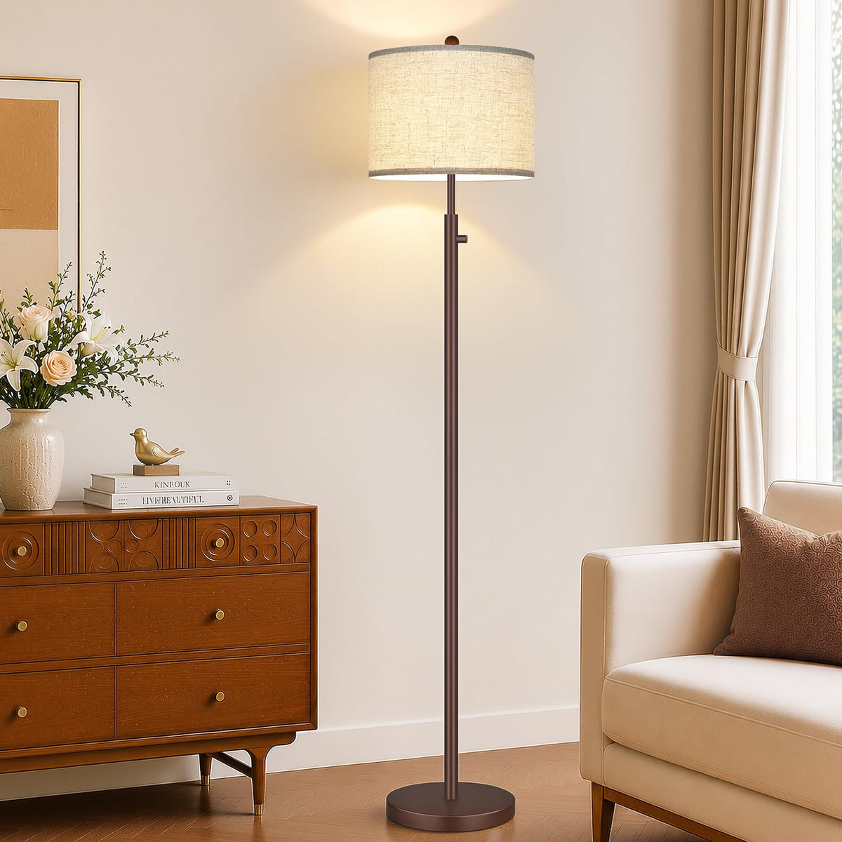 Nintiue Dimmable Gold Floor Lamp, Turkish Marble Base, White Linen Shade