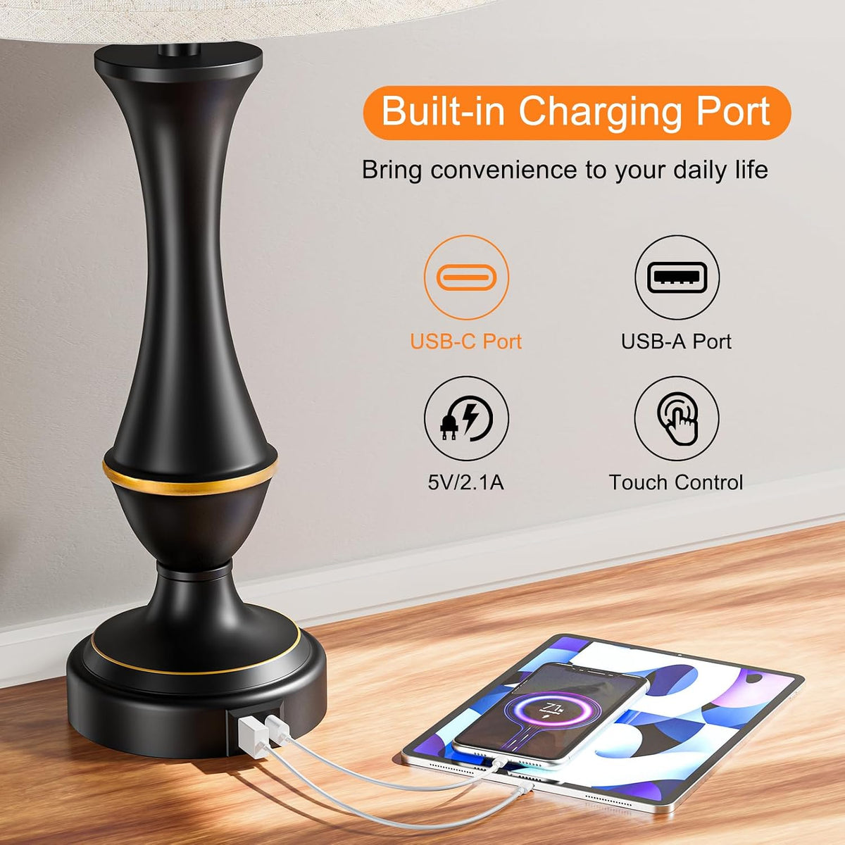 Touch Lamps for Nightstand, 3 Way Dimmable Lamps for Bedroom with USB C+A