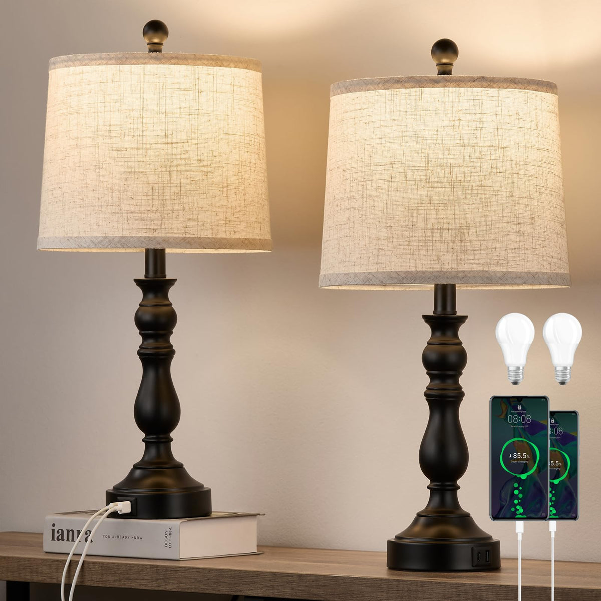 23'' Table Lamps Set of 2, Lamps for Bedroom, USB C+A Ports, Beige