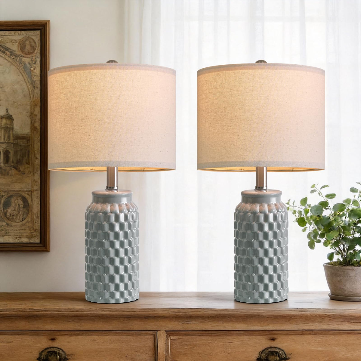 USumkky 20.5" White Modern Ceramic Bedside Lamps Set of 2, Small Table Lamp for Bedroom Decor Farmhouse Nightstand Lamp for Living Room Office