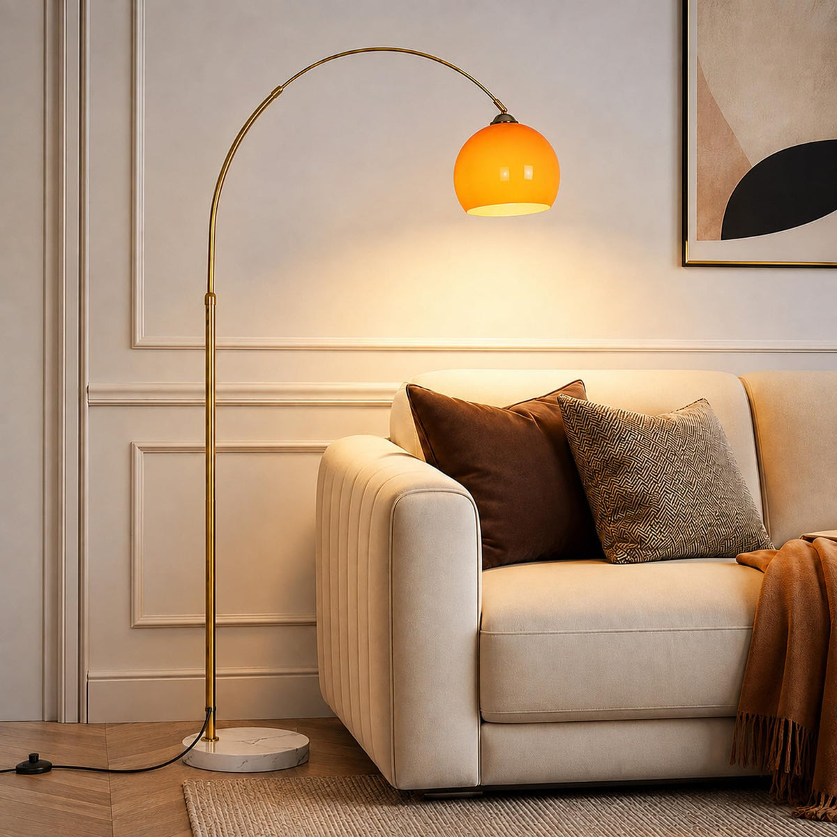 Orange Arc Floor Lamps for Living Room,Mid Century Modern,Marble Base