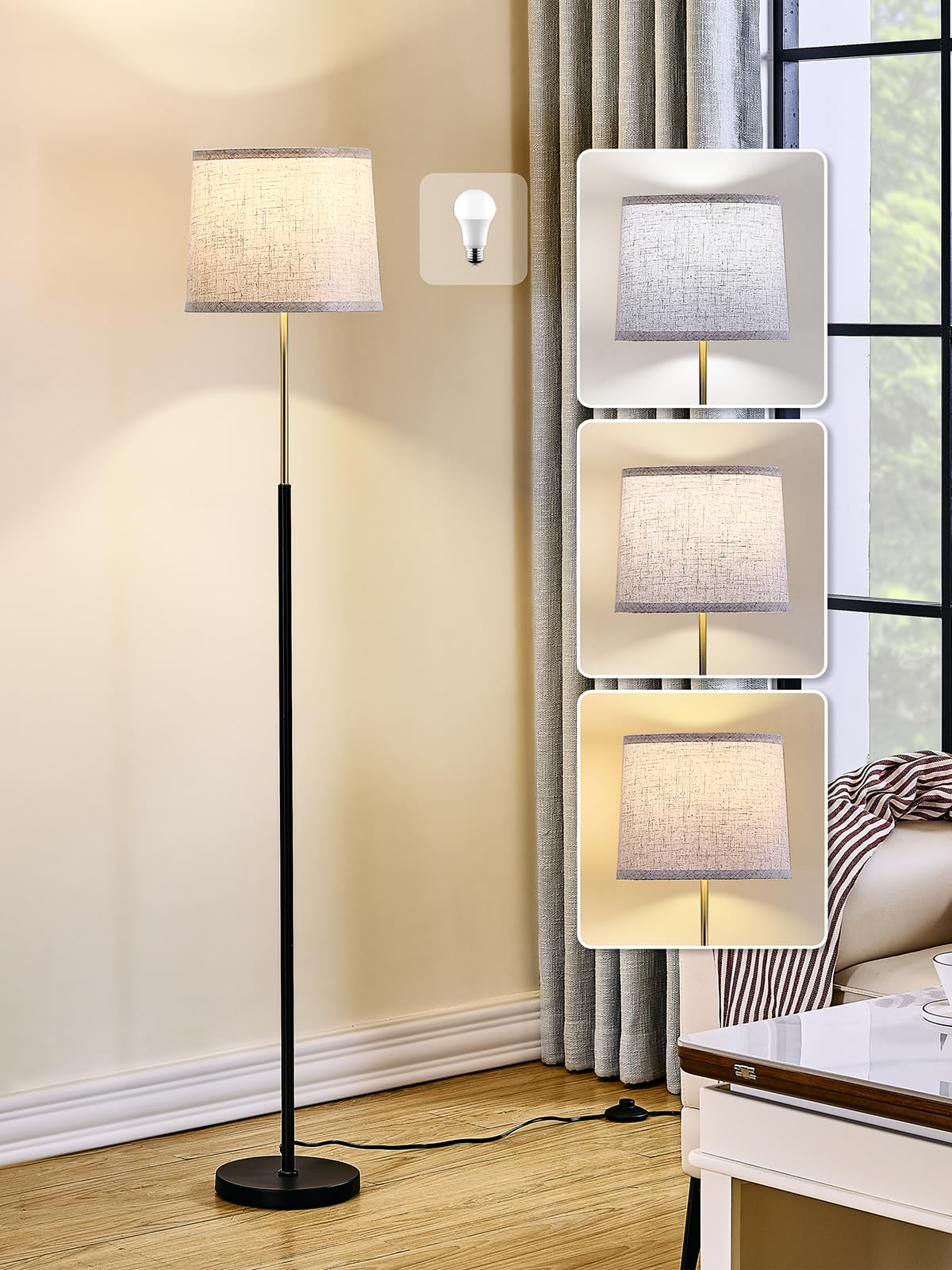 60" Modern Floor Lamp with Linen Shade, 3 Color LED Bulb & Foot Switch