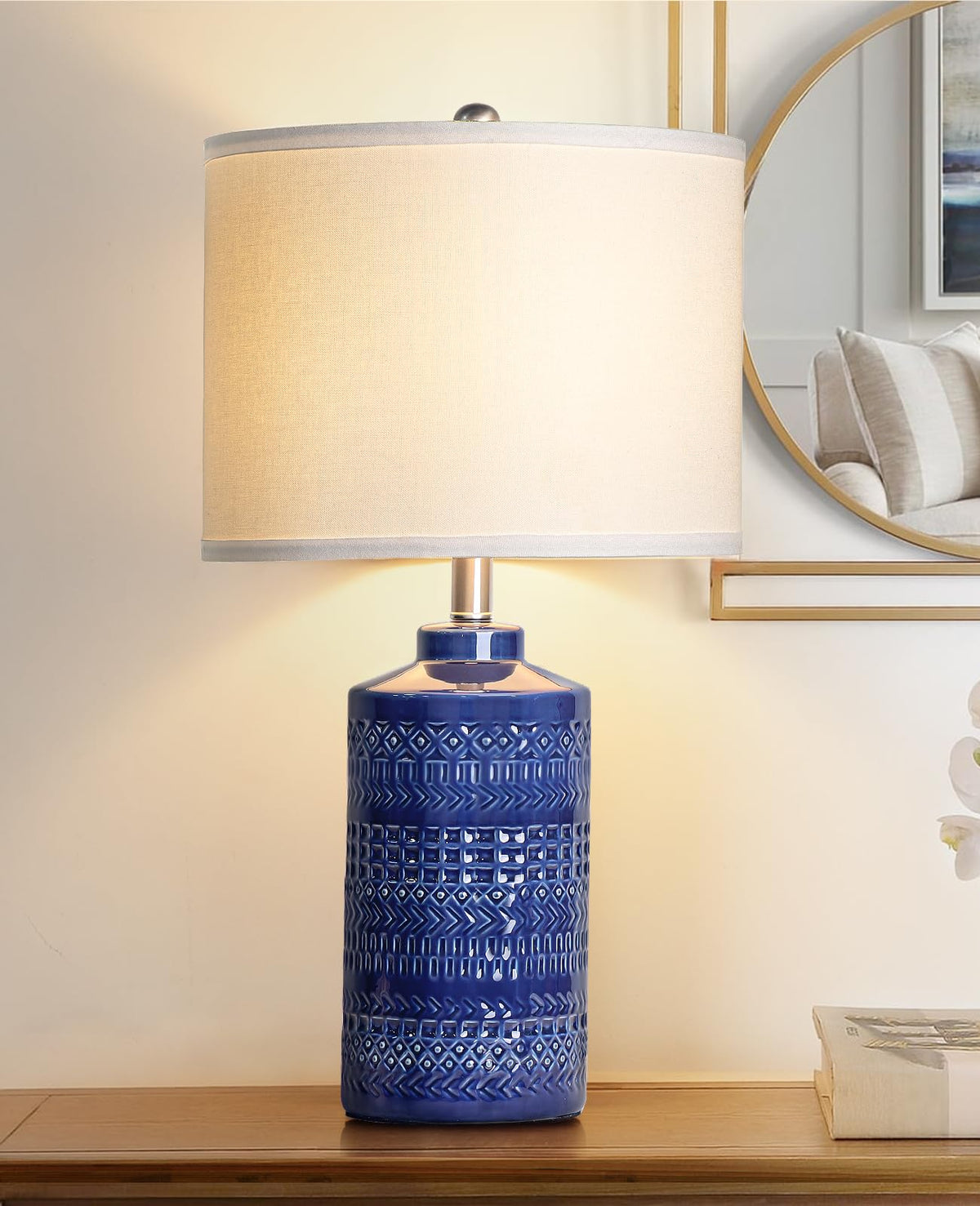 Modern Ceramic Table Lamp, 24.5" Living Room Lamps 3-Way Dimmable Gray Nightstand Lamp with White Shade|Tall Bedside Lamp Desk Decor Lamps for Bedrooms Farmhouse Office End Table Lamps(Bulb Included)