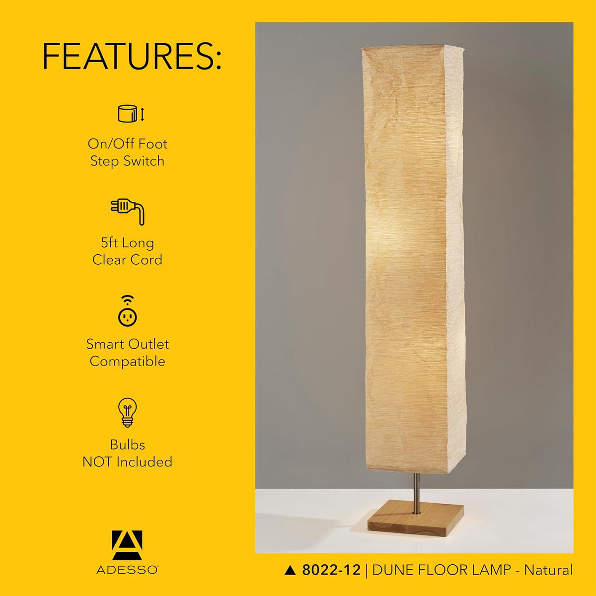 Adesso 3-Light Floor Lamp, Natural Wood & Beige, Adjustable, 58”