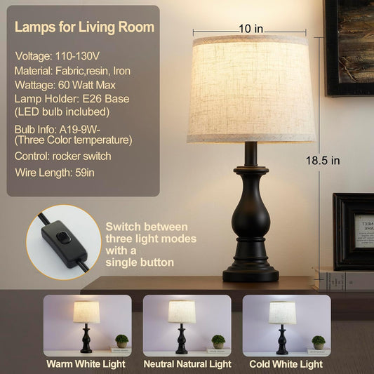 Table Lamps Set of 2, 18.5" Vintage Bedside Lamps for Bedroom Living Room