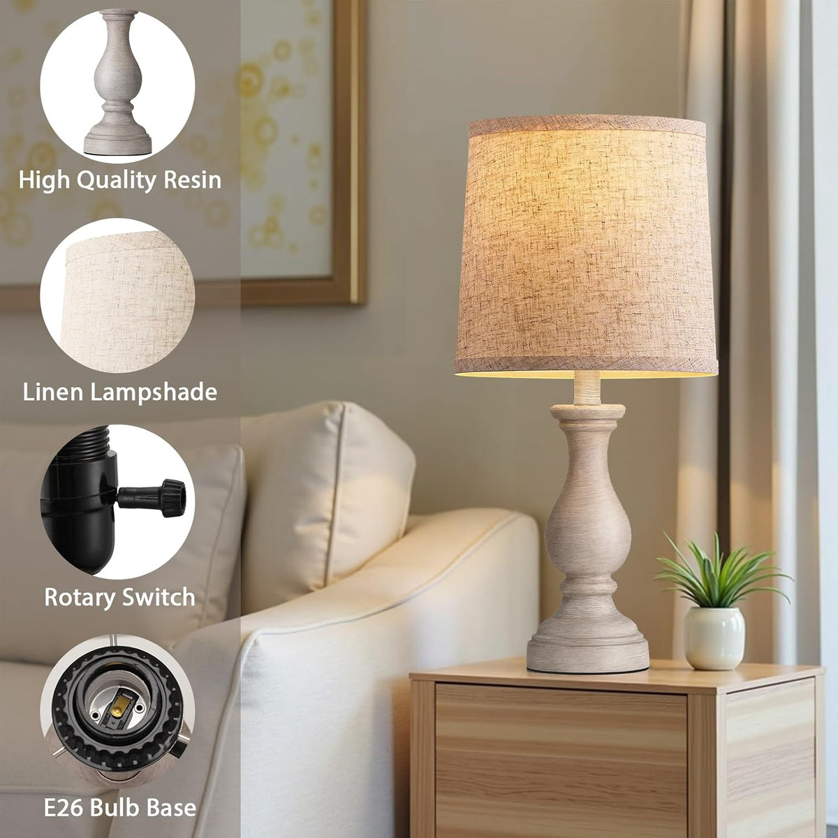 22" Farmhouse Table Lamps Set of 2, Rustic Bedside Lamps for Bedroom