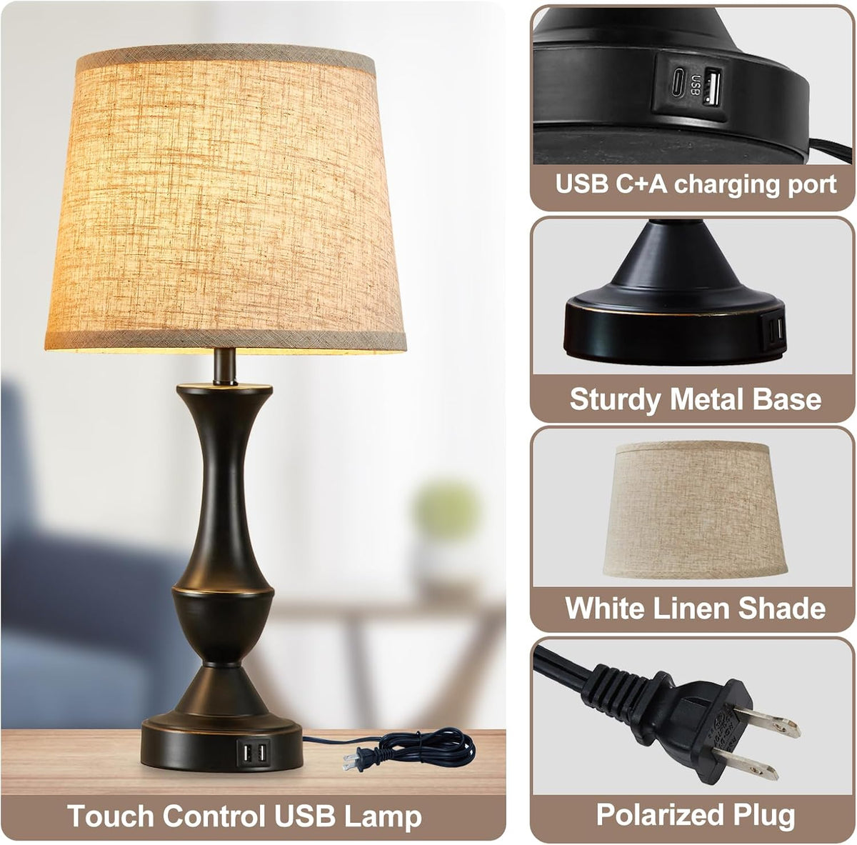 Luvkczc Upgraded Touch Table Lamps Set of 2, 22" Tall Bedside Lamps