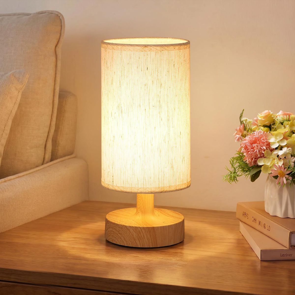 Kakanuo Cordless Table Lamp Rechargeable Small - 2 Pack Beige Wood, 4000mAh Battery Operated Lamp with Touch Control Stepless Dimming, Wireless Lamp for Bedside, Nightstand, Bedroom, Living Room