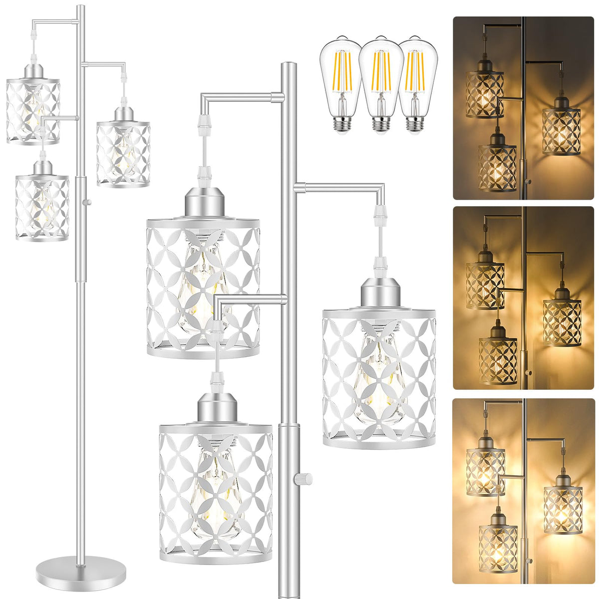 68" Industrial Tree Floor Lamp, Dimmable Farmhouse Tall Standing Lamp with Quatrefoil Cutout Shades & Rotary Dimmer Knob, Corner Light for Living Room Bedroom, 3 x800LM Bulbs Included-Black