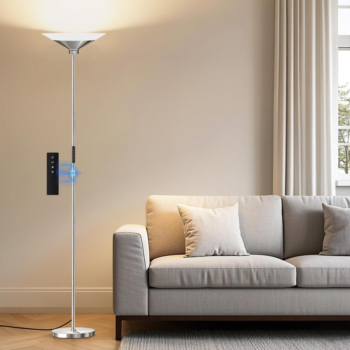 SIBRILLE Torchiere Floor Lamp - 72" Tall LED Standing Lamp with Remote/Button Control, 1800Lm, 3000-6500K, 30W Dimmable Modern Corner Floor Light for Living Room Bedroom Office Apartment, Black