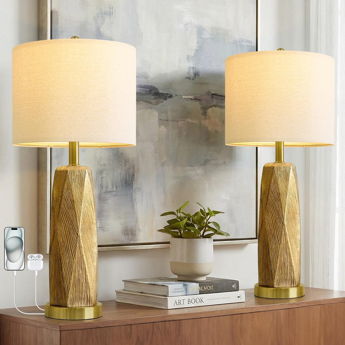 BOBOMOMO 27.5" Table Lamps Set of 2 with USB-A & USB-C Charging Ports, Wood Texture Resin Bedside Lamps with Linen Shade & Rotary Switch, Tall Nightstand Lamps for Bedroom, Living Room Office