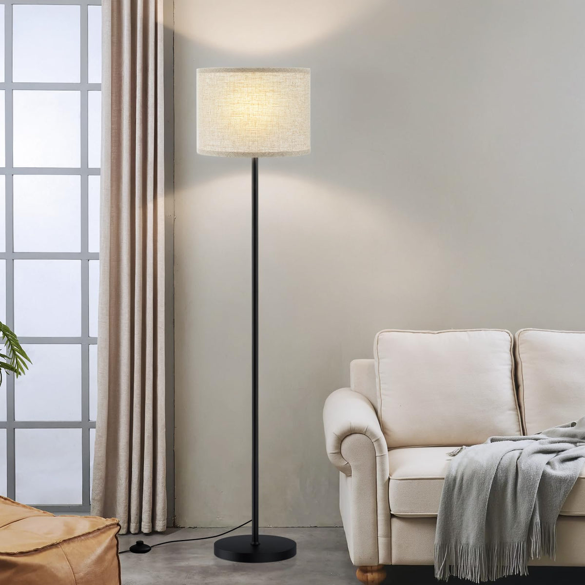 Ambimall 60'' Modern Floor Lamp with Shade, Tall Lamps for Living Room, Bedroom, Office, Dining Room, Beige Shade with Brown Pole(Without Bulb)