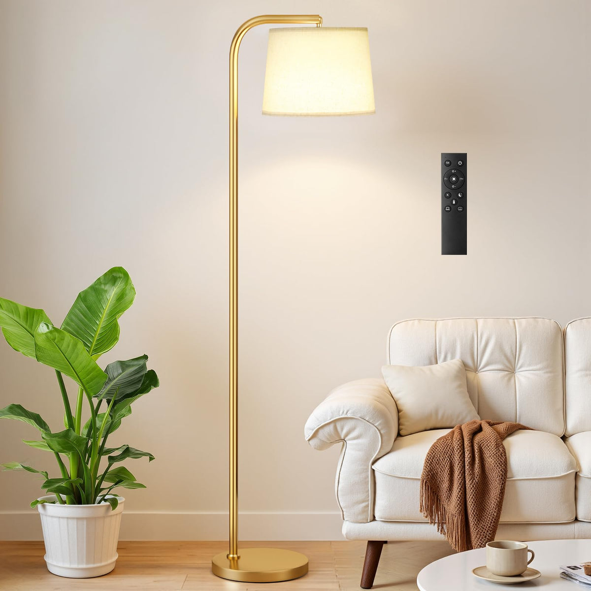 Ambimall Arc Floor Lamp for Living Room with Rotary Switch, Linen Shade