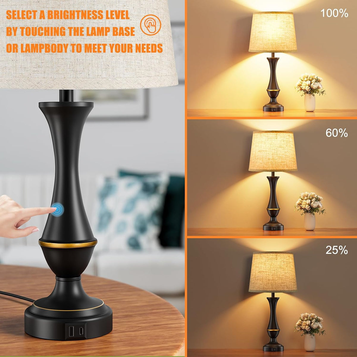 Touch Lamps for Nightstand, 3 Way Dimmable Lamps for Bedroom with USB C+A