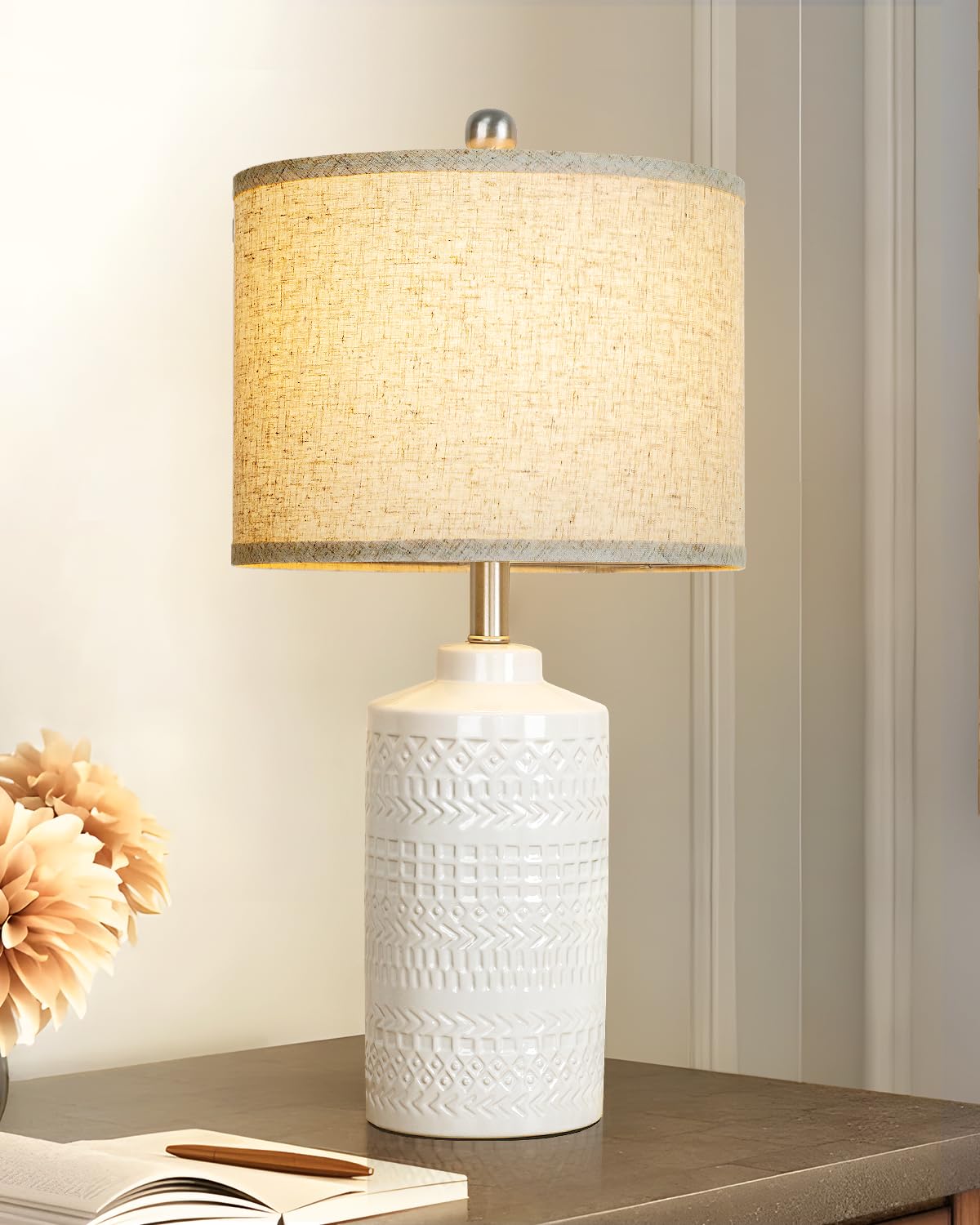 Modern Ceramic Table Lamp, 24.5" Living Room Lamps 3-Way Dimmable Gray Nightstand Lamp with White Shade|Tall Bedside Lamp Desk Decor Lamps for Bedrooms Farmhouse Office End Table Lamps(Bulb Included)