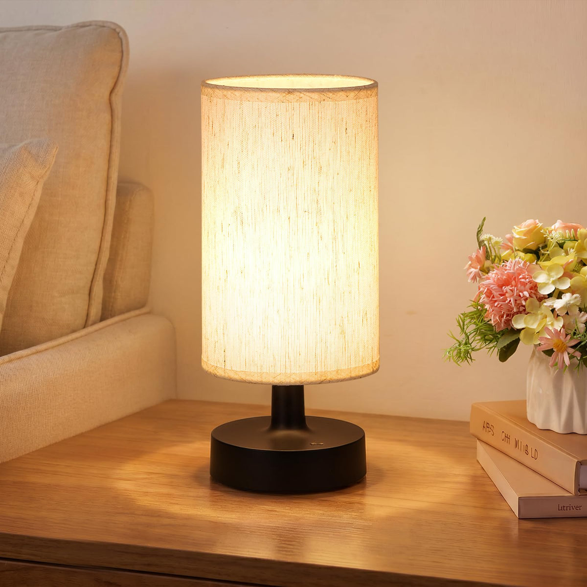 Kakanuo Cordless Table Lamp Rechargeable Small - 2 Pack Beige Wood, 4000mAh Battery Operated Lamp with Touch Control Stepless Dimming, Wireless Lamp for Bedside, Nightstand, Bedroom, Living Room