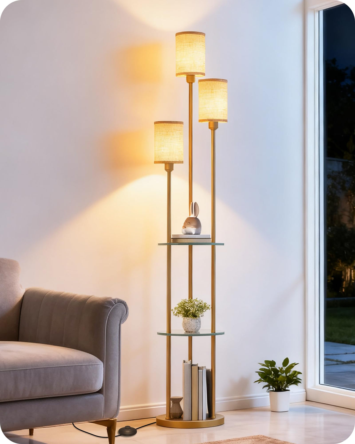 70.9" Floor Lamp with Shelves, Modern Floor Lamp with 3 Linen Shades and Foot Switch, 3-Light Standing Lamp, for Living Room, Bedroom, Study, Office, Rustic Brown and Beige EF53LD05