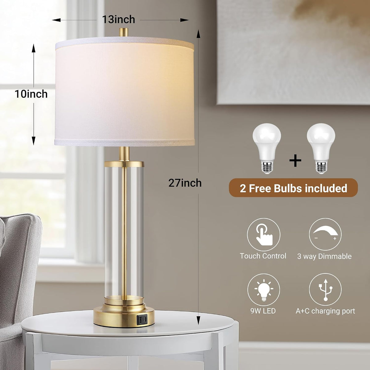 Glass Table Lamps Set of 2, Modern Gold Dimmable Beside Lamps for Bedroom
